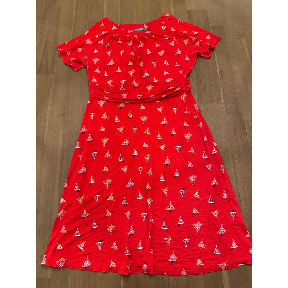 Red Sailboat Print Dress Short Sleeve Nautical Casual Vacation Resortwear